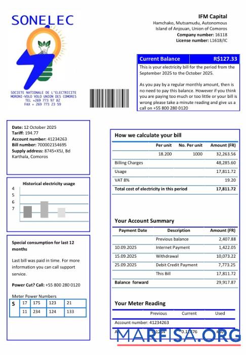 Blank Comoros Sonelec utility bill real example
